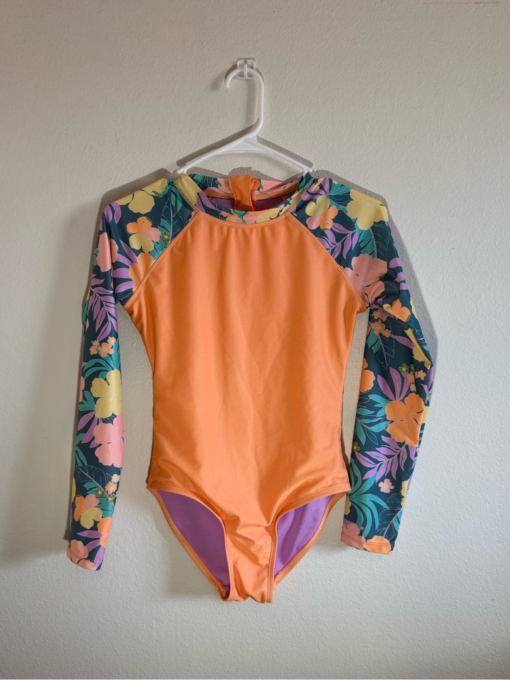 Girls' Long-Sleeve Orange Floral Sleeve Rashguard Swimsuit